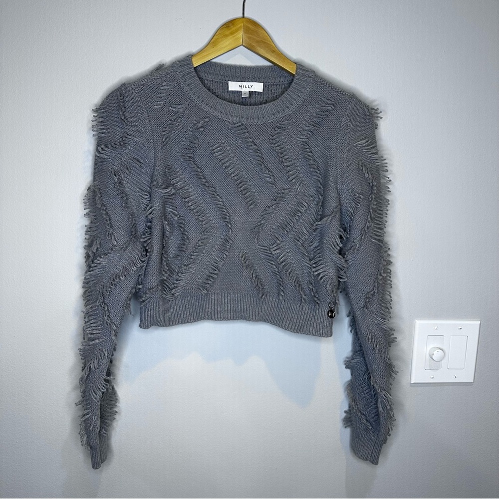 Milly Cropped Fringe Looped Gray Knit Sweater‎ Small - Picture 2 of 11